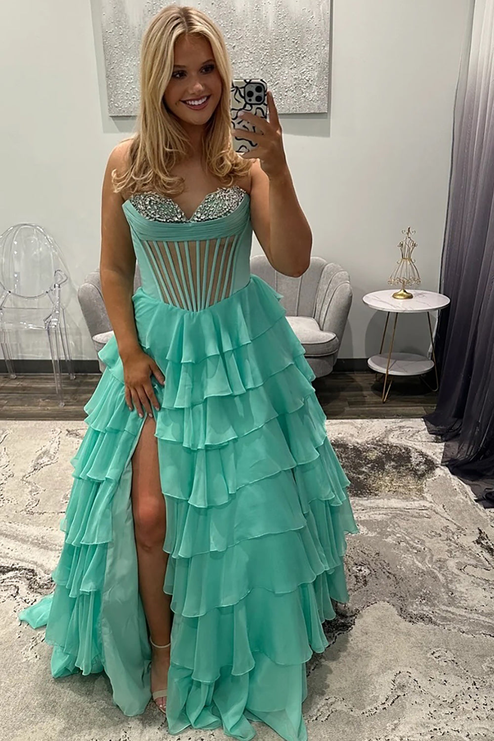 Strapless Sweetheart Rhinestone Beading Illusion Corset Tiered Ruffle Chiffon A-Line Prom Dress Side Slit Floor Length