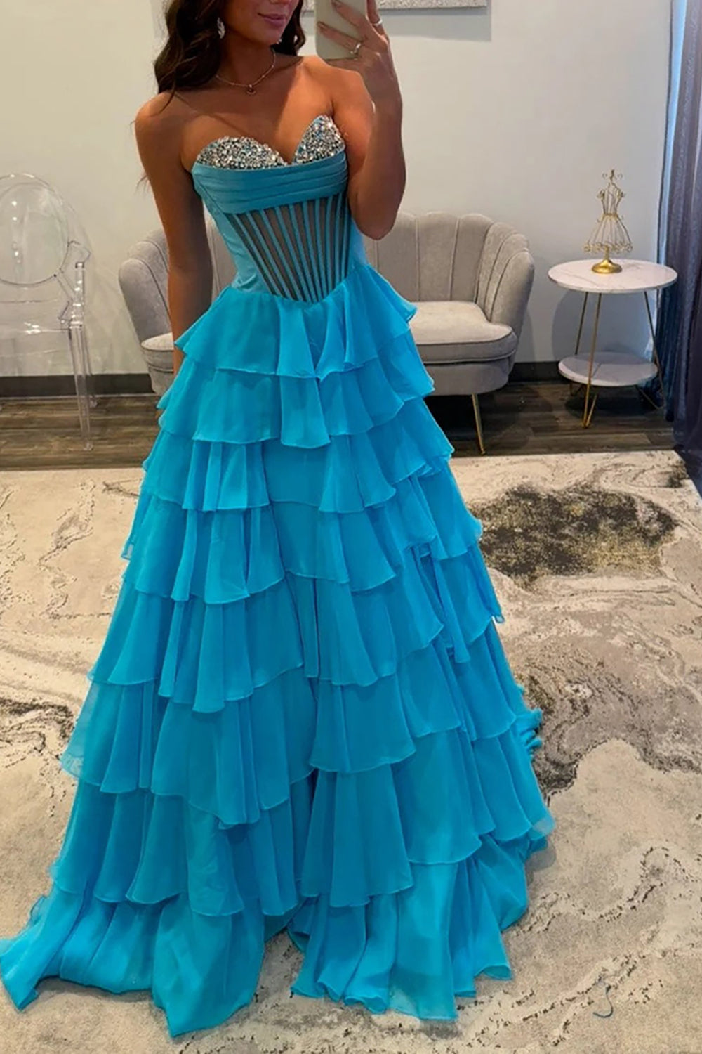 Strapless Sweetheart Rhinestone Beading Illusion Corset Tiered Ruffle Chiffon A-Line Prom Dress Side Slit Floor Length
