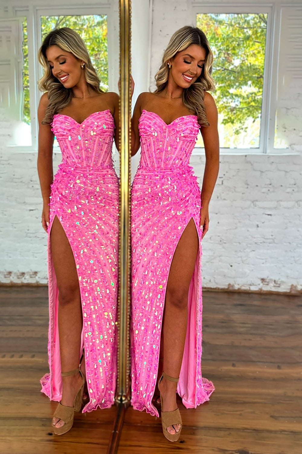 Strapless Sweetheart Sequin Beading Corset Mermaid Prom Dress High Slit Floor Length