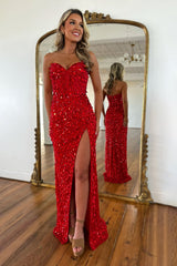 Strapless Sweetheart Sequin Beading Corset Mermaid Prom Dress High Slit Floor Length