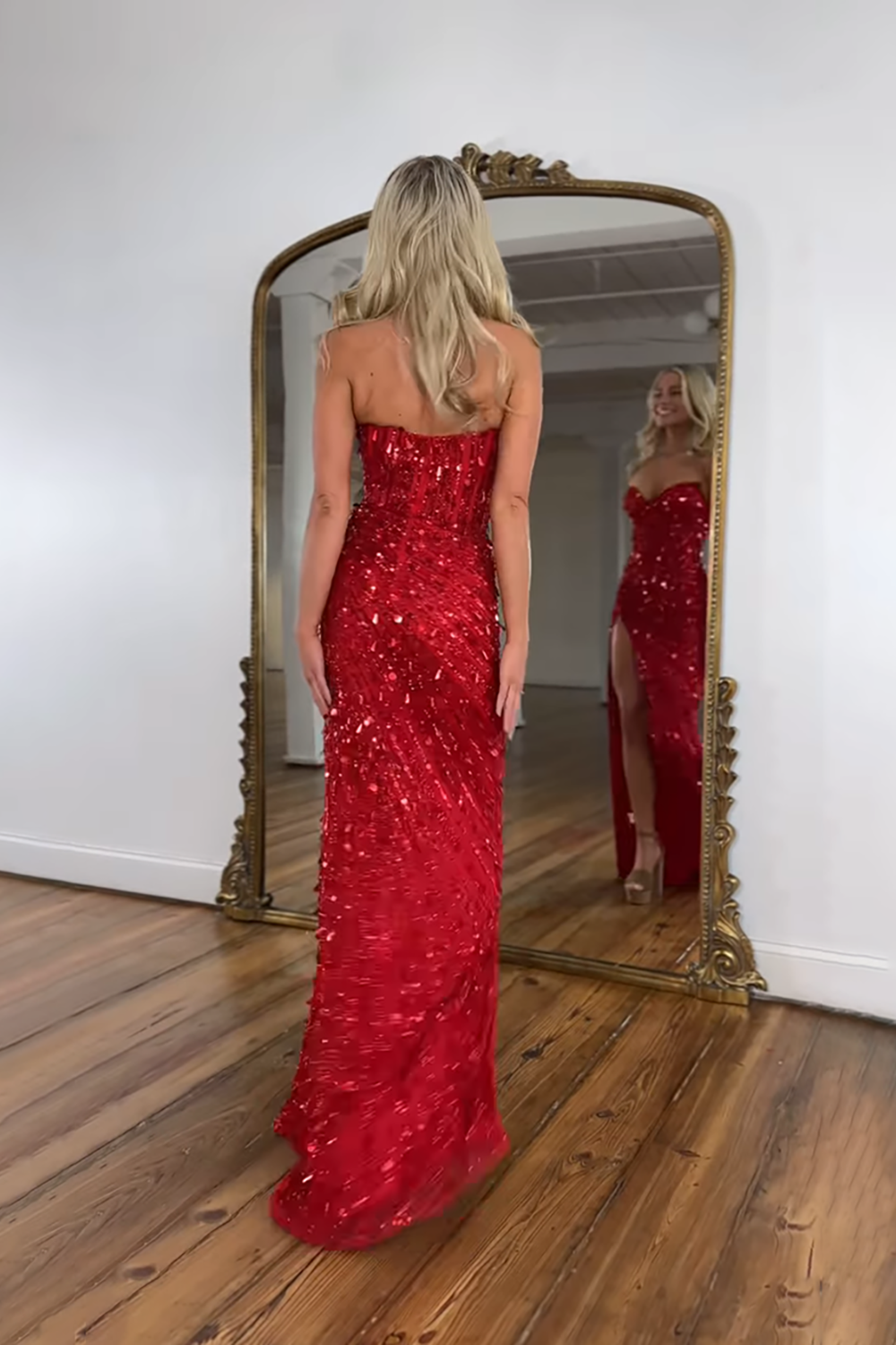 Strapless Sweetheart Sequin Beading Corset Mermaid Prom Dress High Slit Floor Length