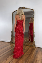 Strapless Sweetheart Sequin Beading Corset Mermaid Prom Dress High Slit Floor Length