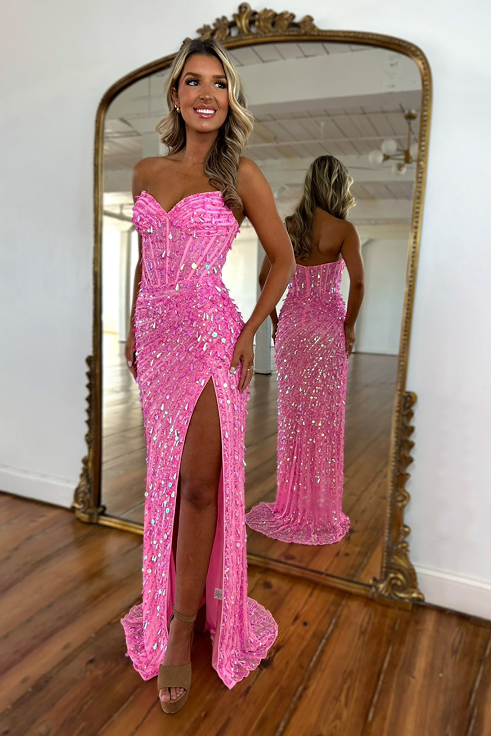 Strapless Sweetheart Sequin Beading Corset Mermaid Prom Dress High Slit Floor Length