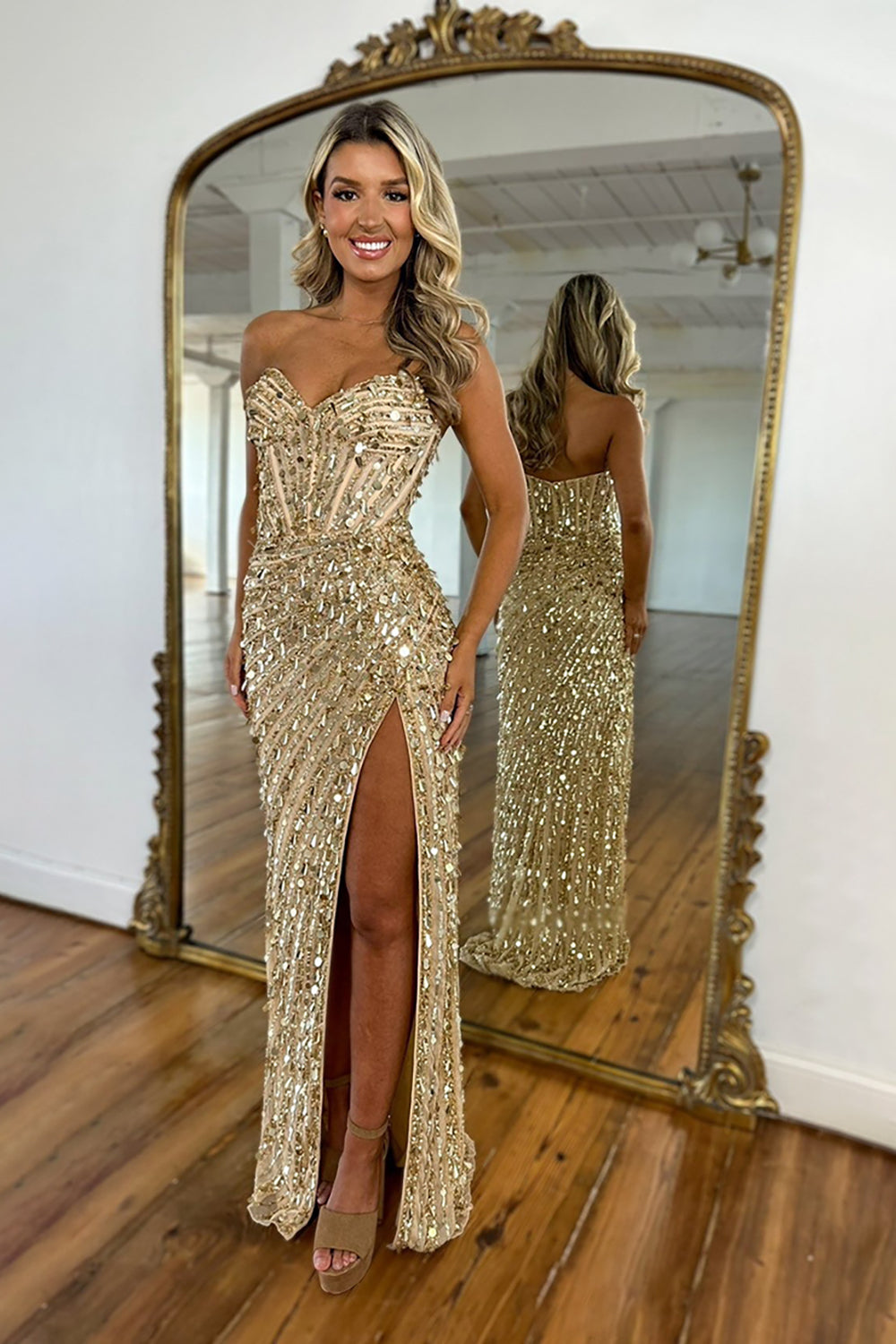Strapless Sweetheart Sequin Beading Corset Mermaid Prom Dress High Slit Floor Length
