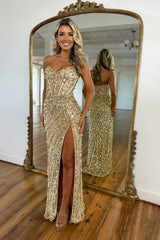 Strapless Sweetheart Sequin Beading Corset Mermaid Prom Dress High Slit Floor Length