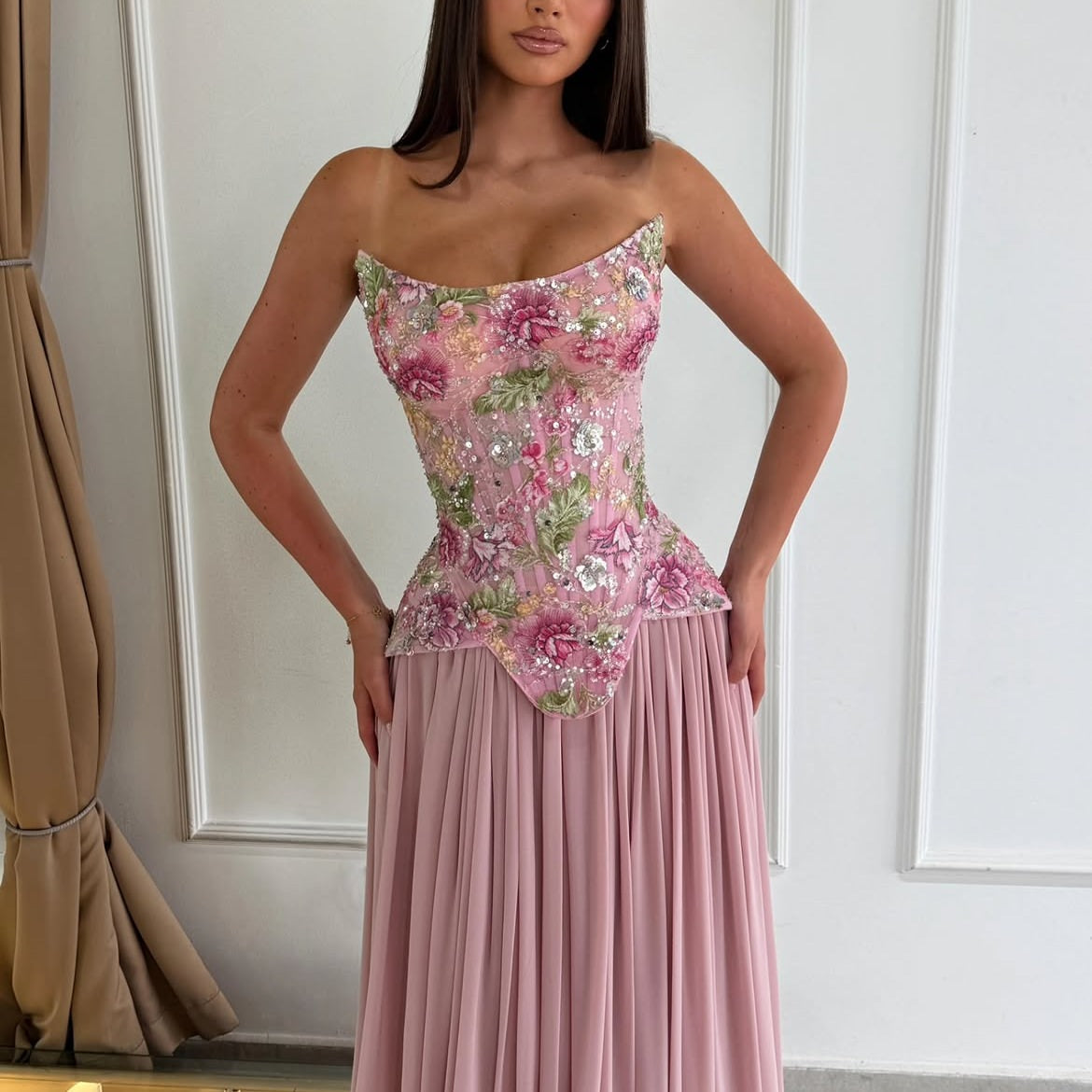 Strapless Sweetheart Sheer Boning Corset 3D Floral Sequin Pointed Basque Pleated Chiffon A-Line Prom Dress Floor Length