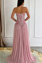 Strapless Sweetheart Sheer Boning Corset 3D Floral Sequin Pointed Basque Pleated Chiffon A-Line Prom Dress Floor Length