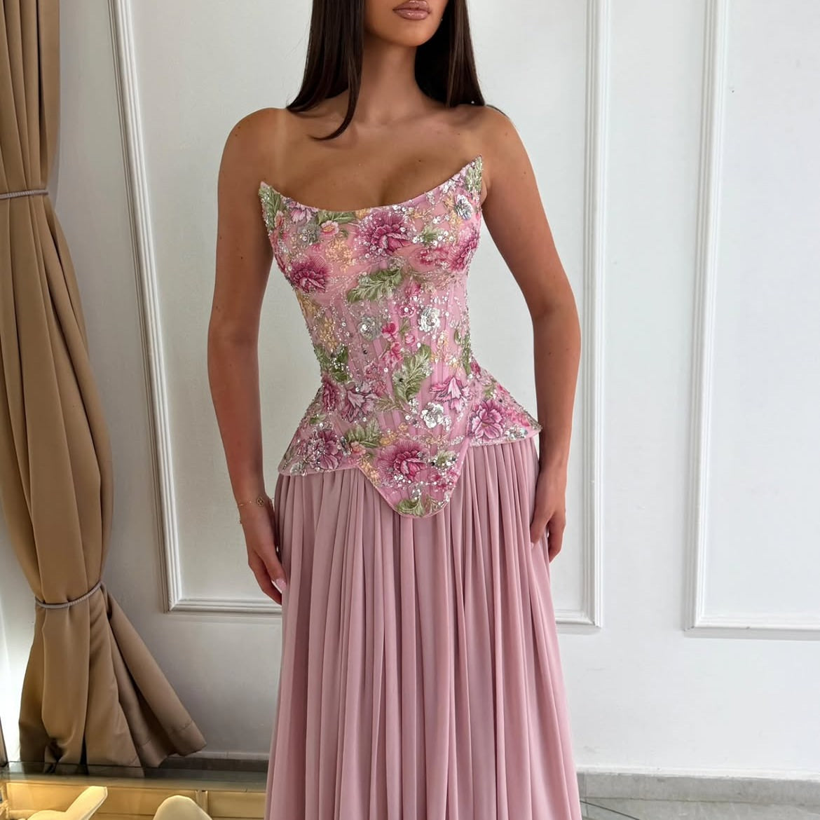 Strapless Sweetheart Sheer Boning Corset 3D Floral Sequin Pointed Basque Pleated Chiffon A-Line Prom Dress Floor Length