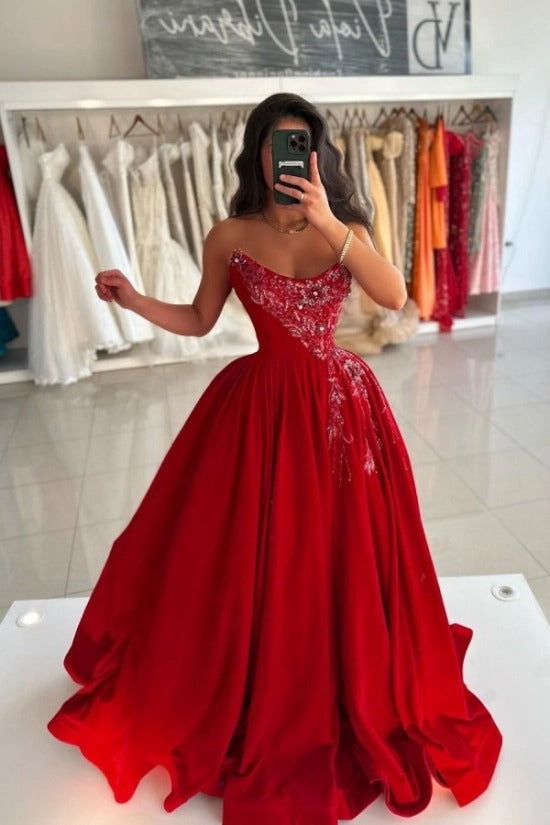 Strapless Sweetheart Silver Vine Bead Embroidery 3D Lace Floral Appliqué Corset Ultra-Full Pleated Satin Ball Gown Prom Dress