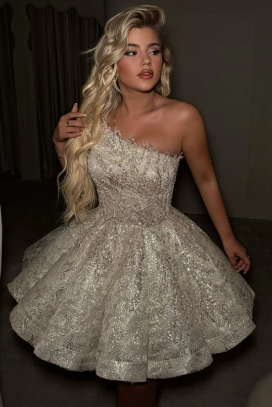 Strapless Sweetheart Sleeveless Glitter Lace Applique Sequined A-Line Mini Party Dress