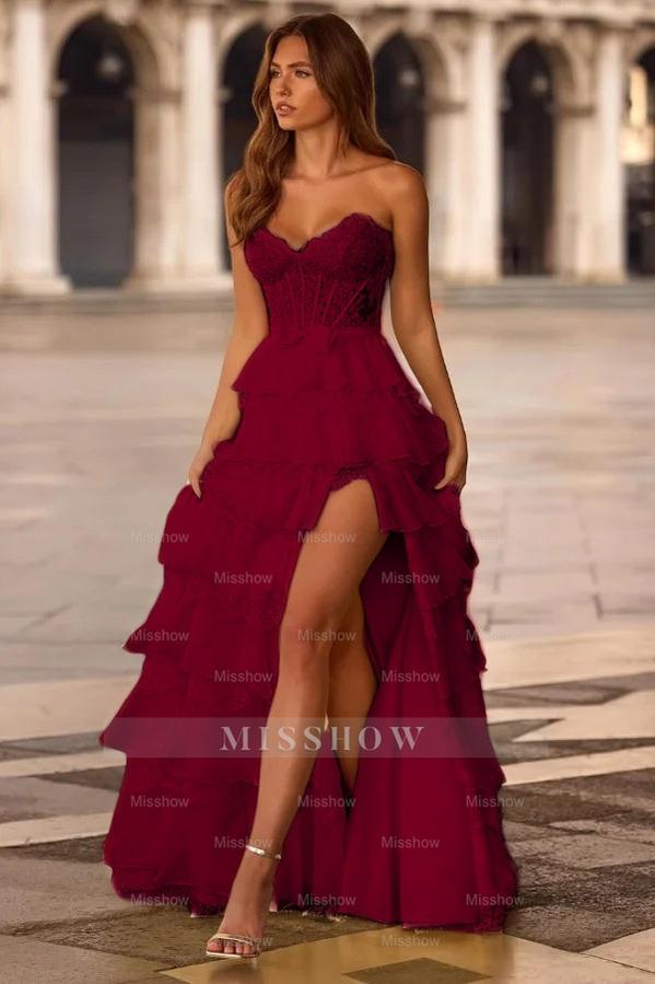 Strapless Sweetheart Sleeveless Long Formal Dress With Split Lace