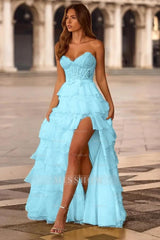 Strapless Sweetheart Sleeveless Long Formal Dress With Split Lace