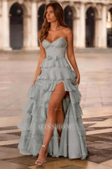 Strapless Sweetheart Sleeveless Long Formal Dress With Split Lace