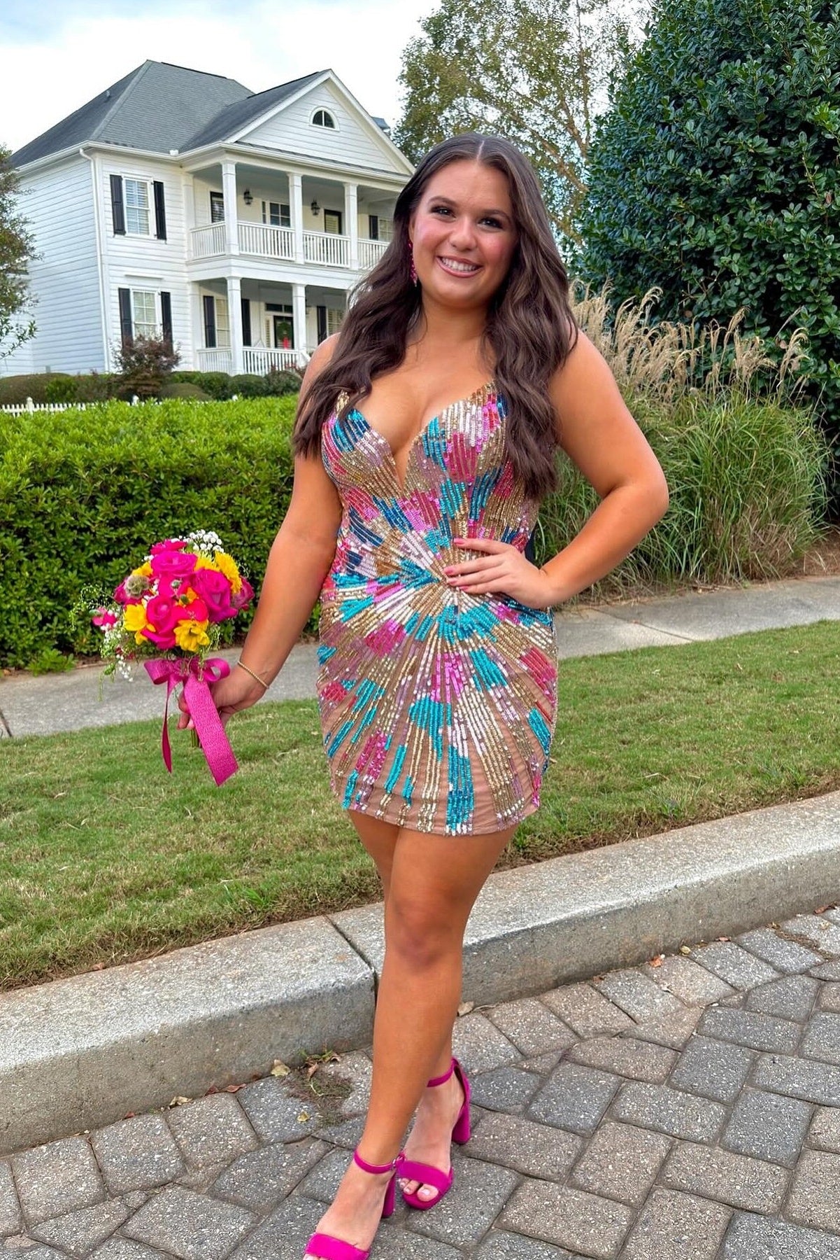 Strapless V-Neck Multicolor Sunburst Sequin Bodycon Homecoming Dress Mini