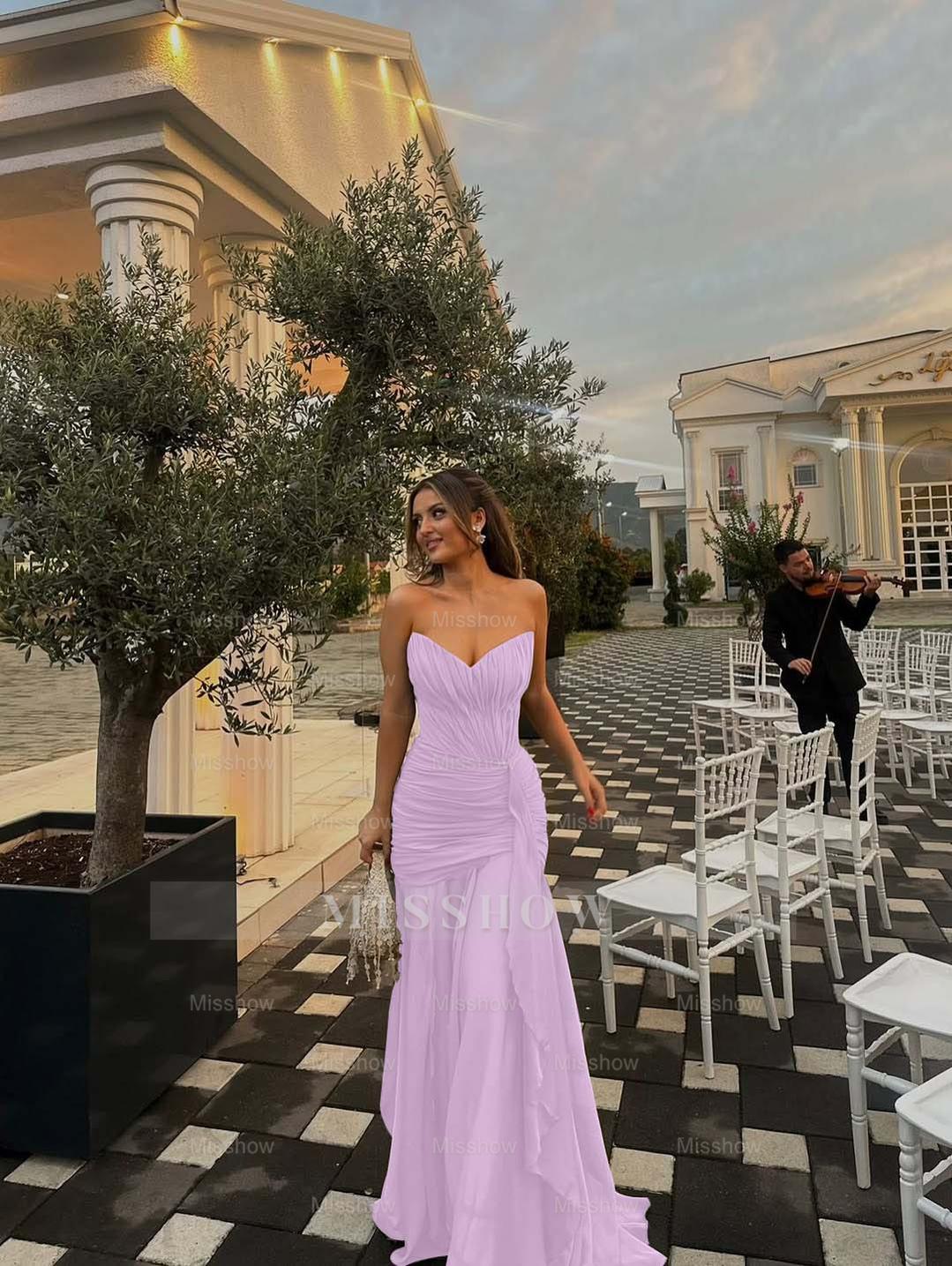 Strapless V Neck Sleeveless Long Formal Dress With Pleated Ruffle