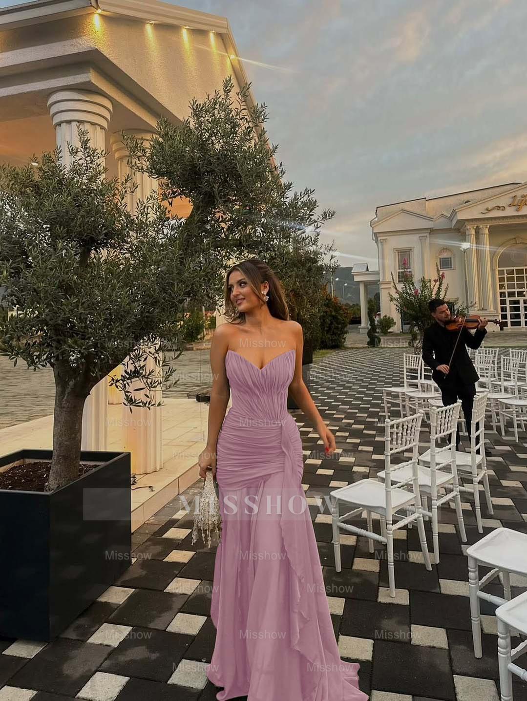 Strapless V Neck Sleeveless Long Formal Dress With Pleated Ruffle