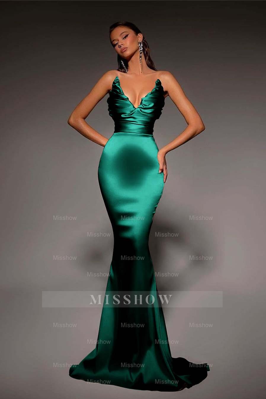 Strapless V Neck Sleeveless Long Mermaid Formal Dress With Pleated