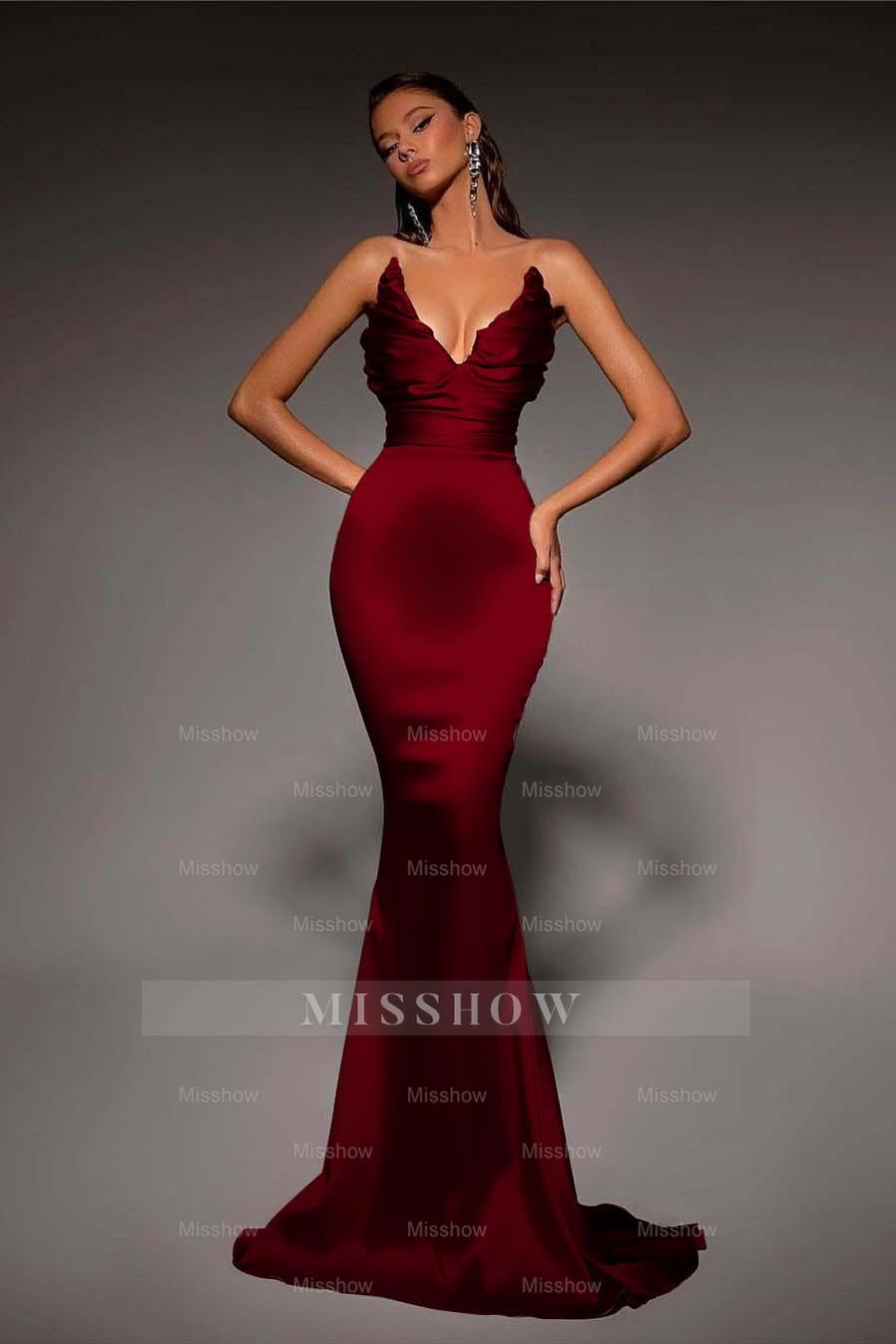 Strapless V Neck Sleeveless Long Mermaid Formal Dress With Pleated