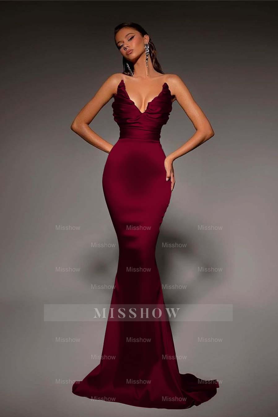 Strapless V Neck Sleeveless Long Mermaid Formal Dress With Pleated