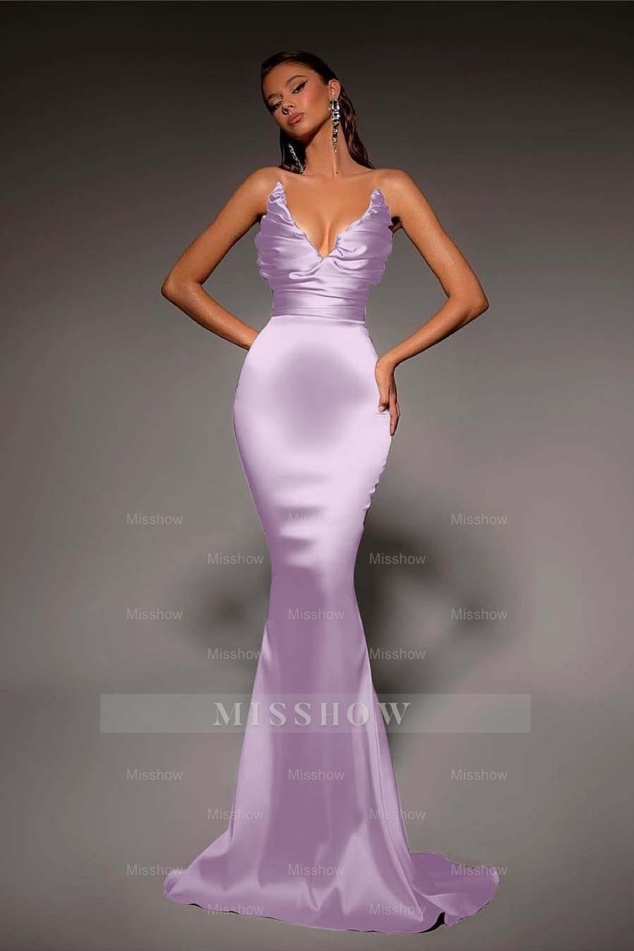 Strapless V Neck Sleeveless Long Mermaid Formal Dress With Pleated