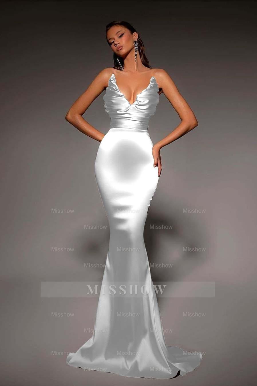 Strapless V Neck Sleeveless Long Mermaid Formal Dress With Pleated