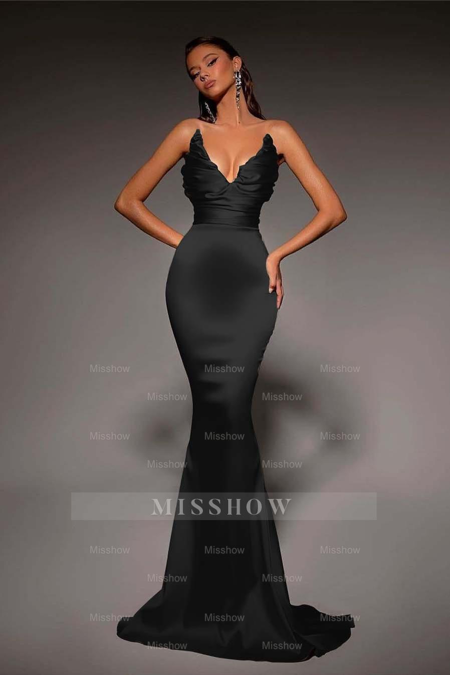 Strapless V Neck Sleeveless Long Mermaid Formal Dress With Pleated