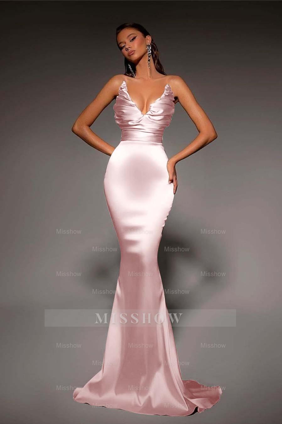 Strapless V Neck Sleeveless Long Mermaid Formal Dress With Pleated