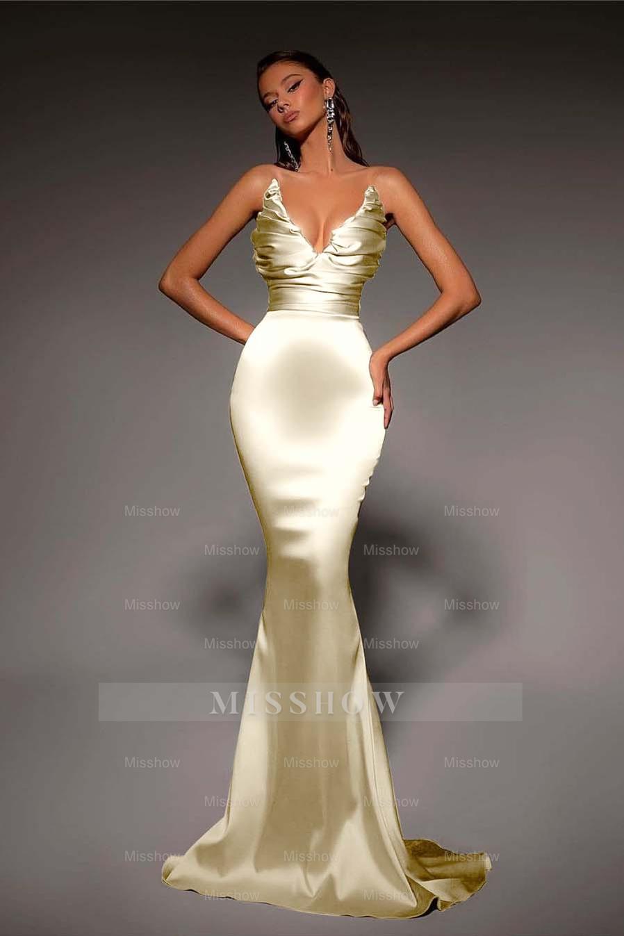 Strapless V Neck Sleeveless Long Mermaid Formal Dress With Pleated