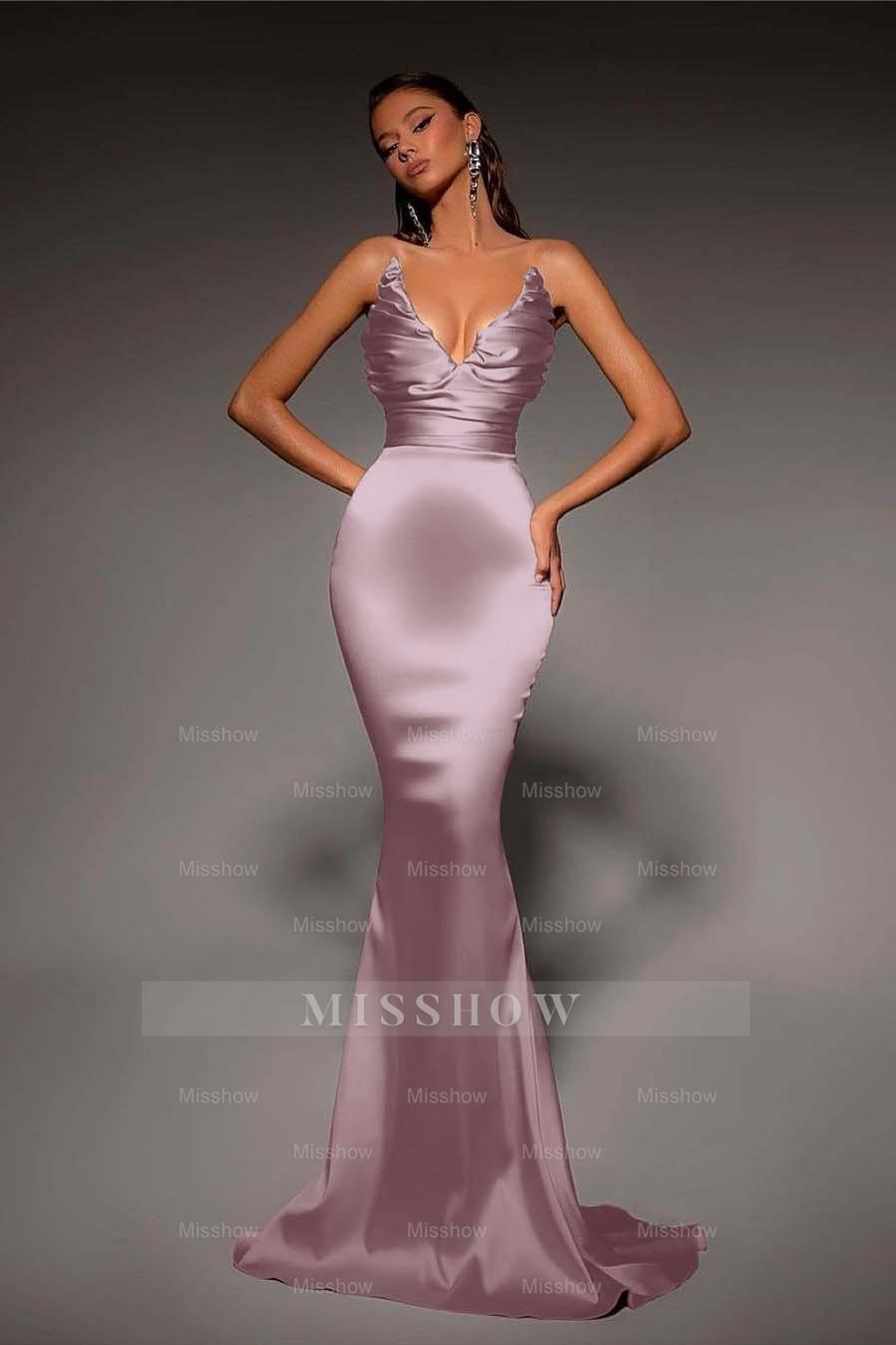 Strapless V Neck Sleeveless Long Mermaid Formal Dress With Pleated