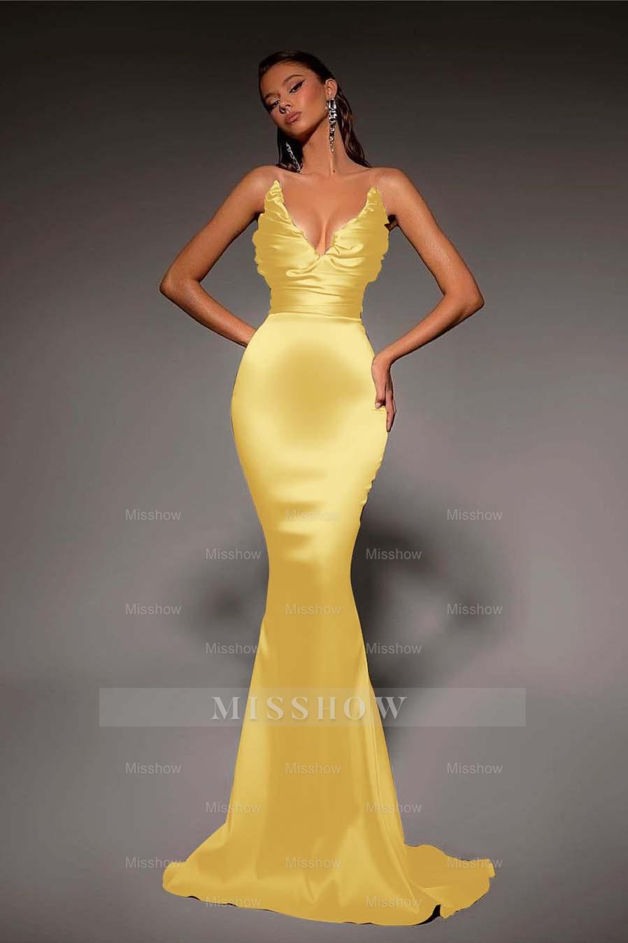 Strapless V Neck Sleeveless Long Mermaid Formal Dress With Pleated