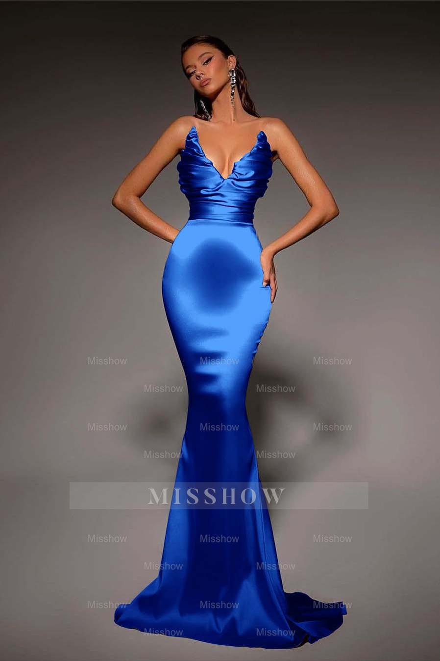 Strapless V Neck Sleeveless Long Mermaid Formal Dress With Pleated
