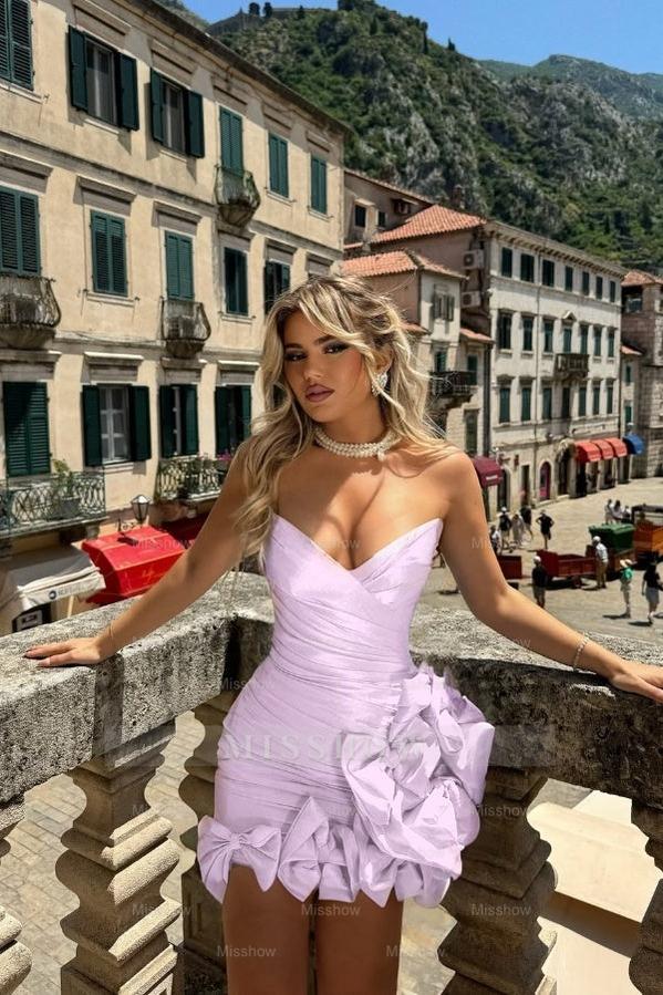 Strapless V Neck Sleeveless Short Formal Dress With Pleated Bowknot
