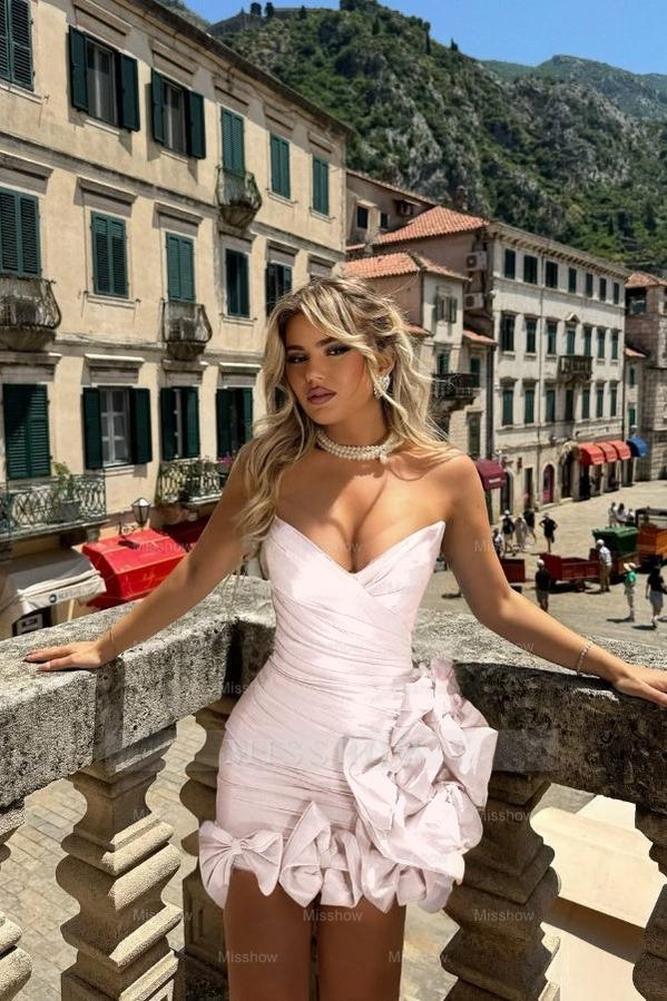 Strapless V Neck Sleeveless Short Formal Dress With Pleated Bowknot