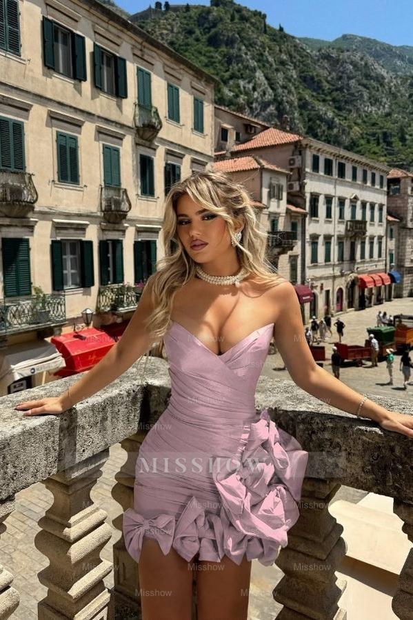 Strapless V Neck Sleeveless Short Formal Dress With Pleated Bowknot