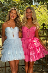 Strapless Sweetheart Tiered Ruffle Homecoming Dress Bow Detail Ruched Corset Open Back Short Mini