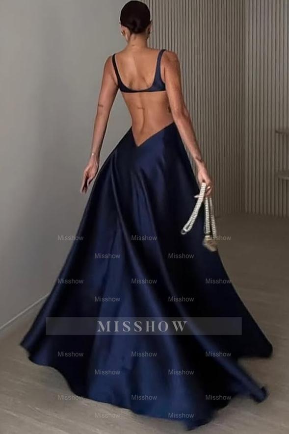 Straps Sleeveless Backless Long A Line Formal Dress With Pleated