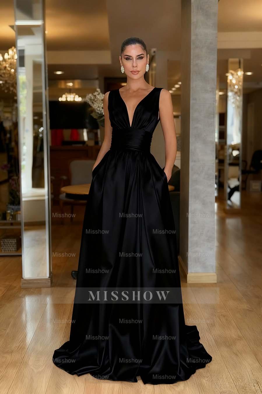 Straps Sleeveless High Waist Long Formal Dress With Pockets Pleated