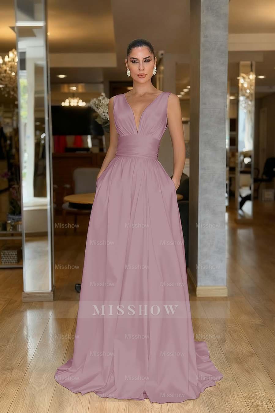 Straps Sleeveless High Waist Long Formal Dress With Pockets Pleated