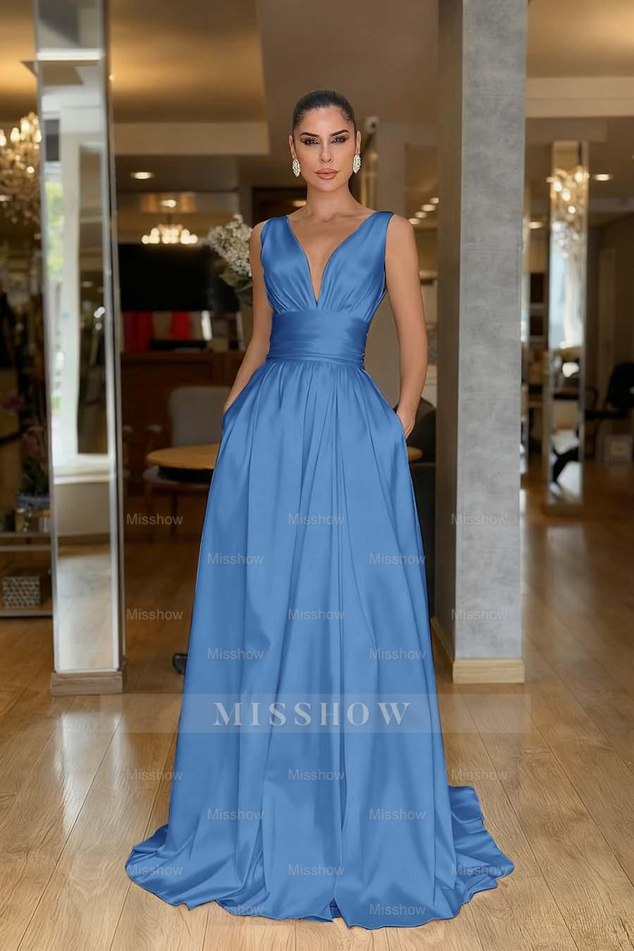 Straps Sleeveless High Waist Long Formal Dress With Pockets Pleated