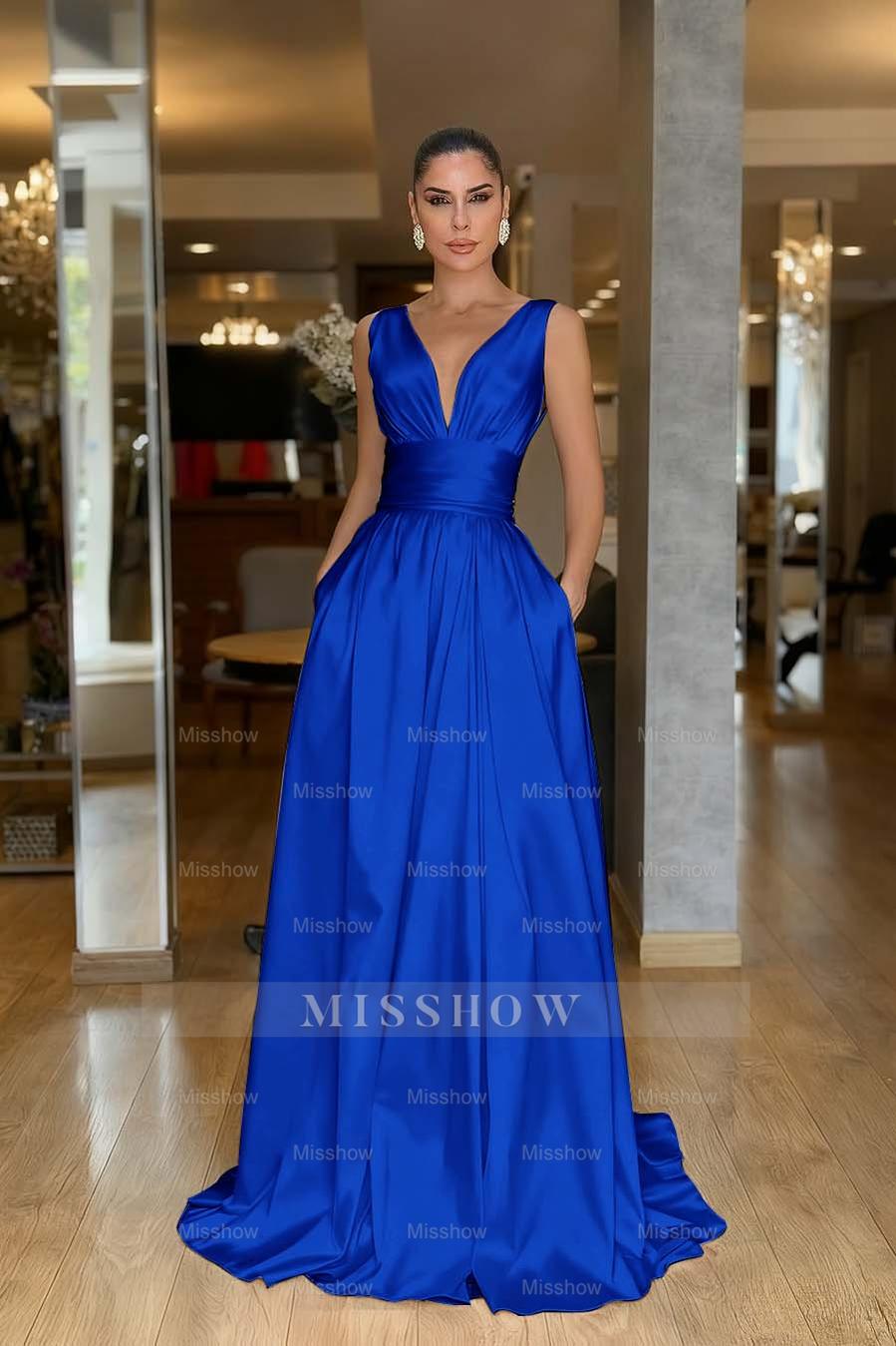 Straps Sleeveless High Waist Long Formal Dress With Pockets Pleated