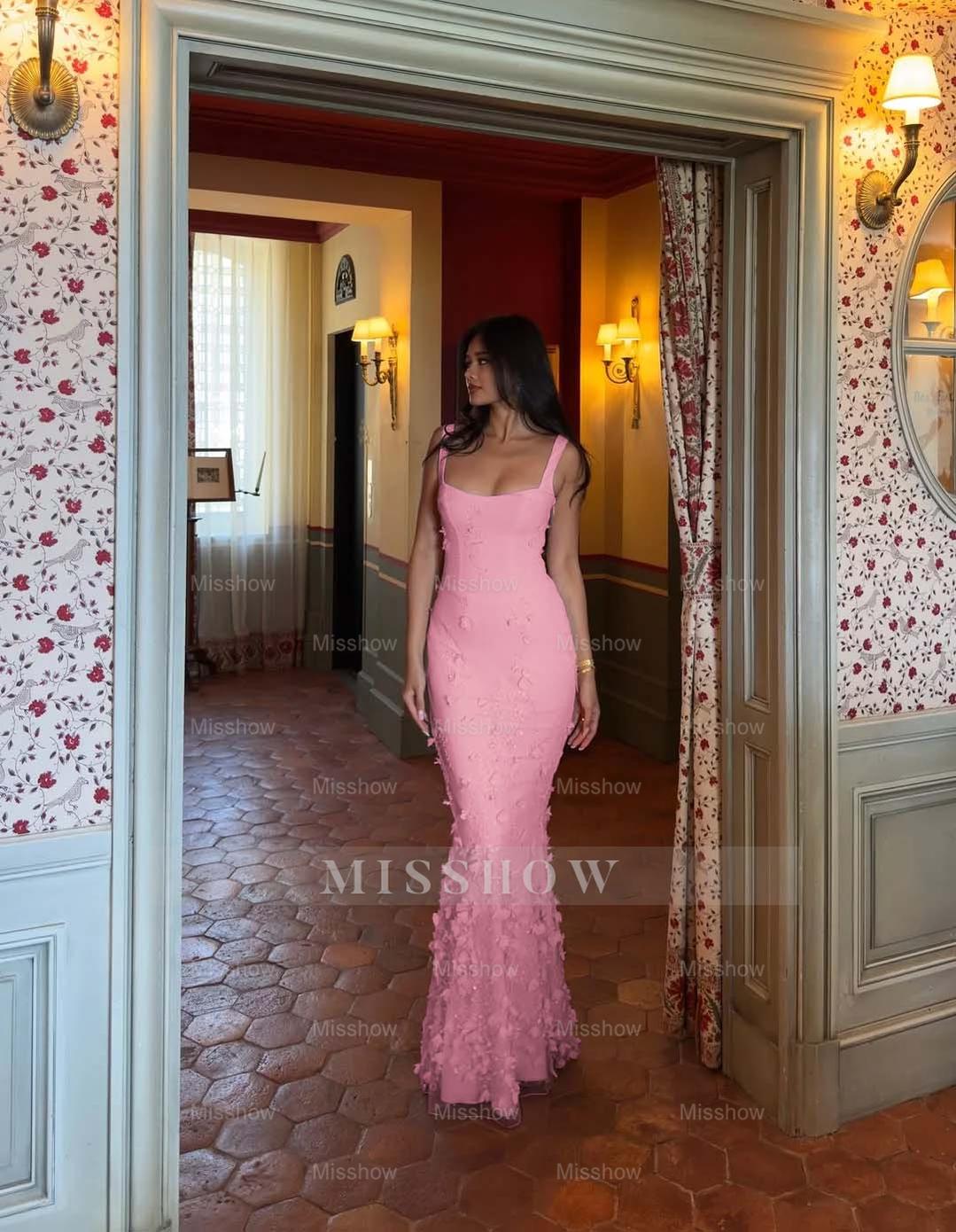 Straps Sleeveless Long Mermaid Formal Dress With Appliques Pleated