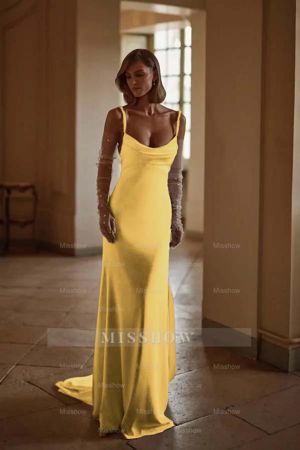 Straps Sleeveless Long Mermaid Formal Dress With Pleated Gloves