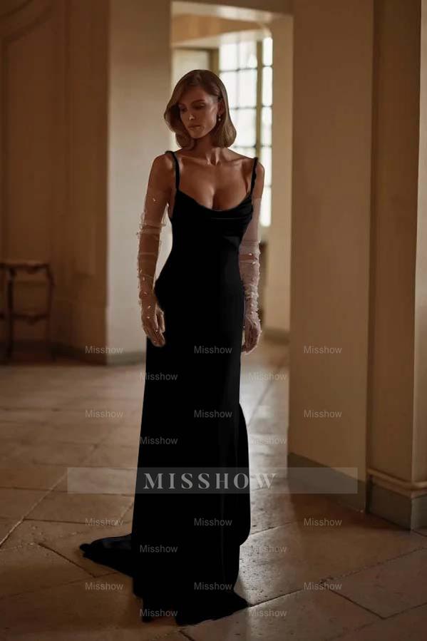 Straps Sleeveless Long Mermaid Formal Dress With Pleated Gloves