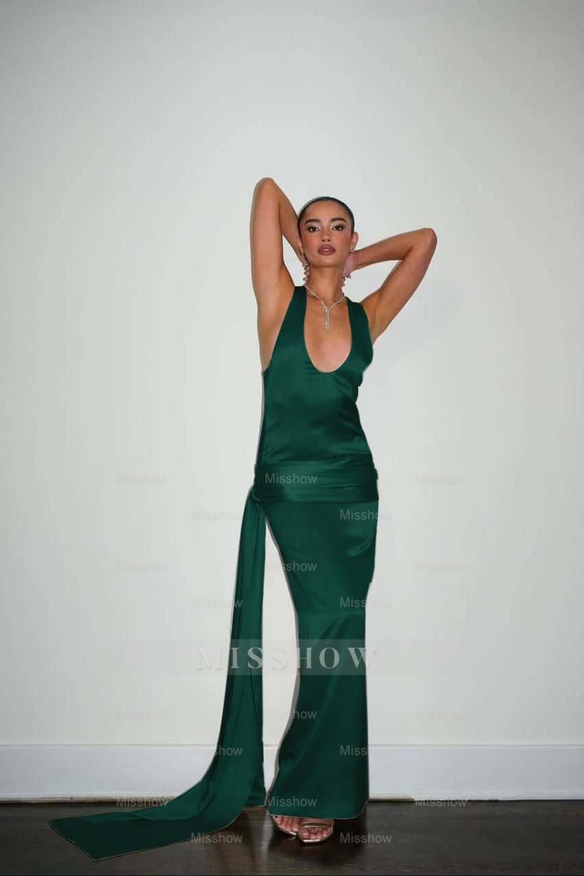 Straps Sleeveless Long Mermaid Formal Dress With Pleated Ruffles