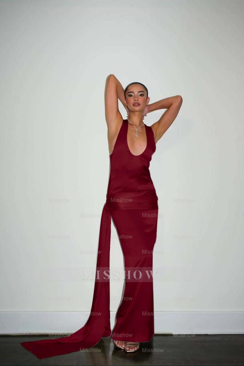 Straps Sleeveless Long Mermaid Formal Dress With Pleated Ruffles