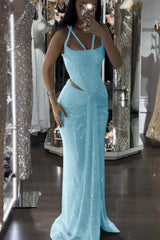 Straps Sleeveless Long Mermaid Formal Dress With Sequins Pleated