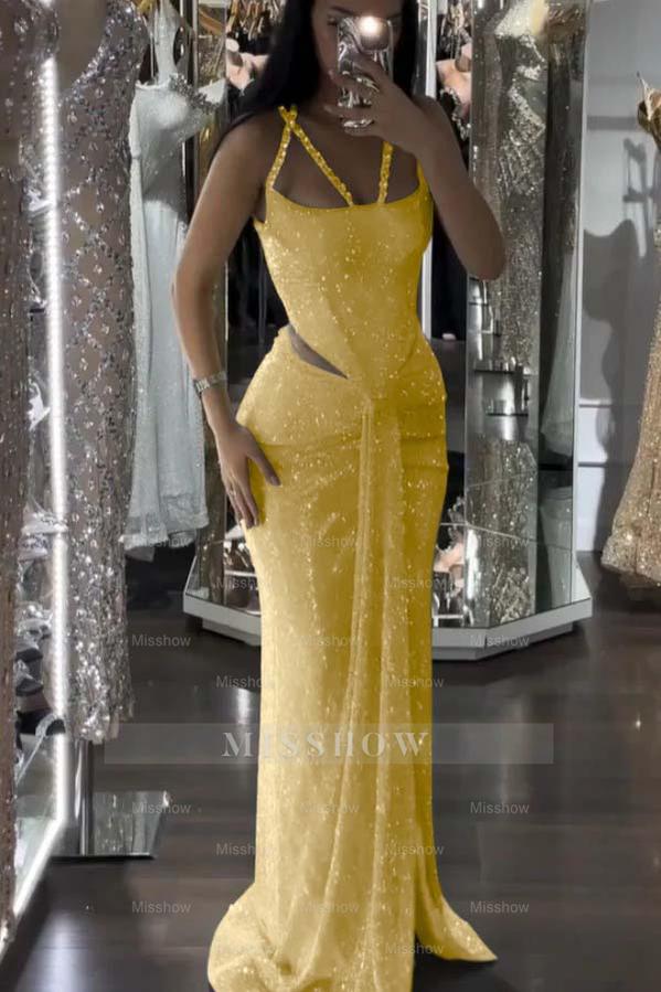 Straps Sleeveless Long Mermaid Formal Dress With Sequins Pleated