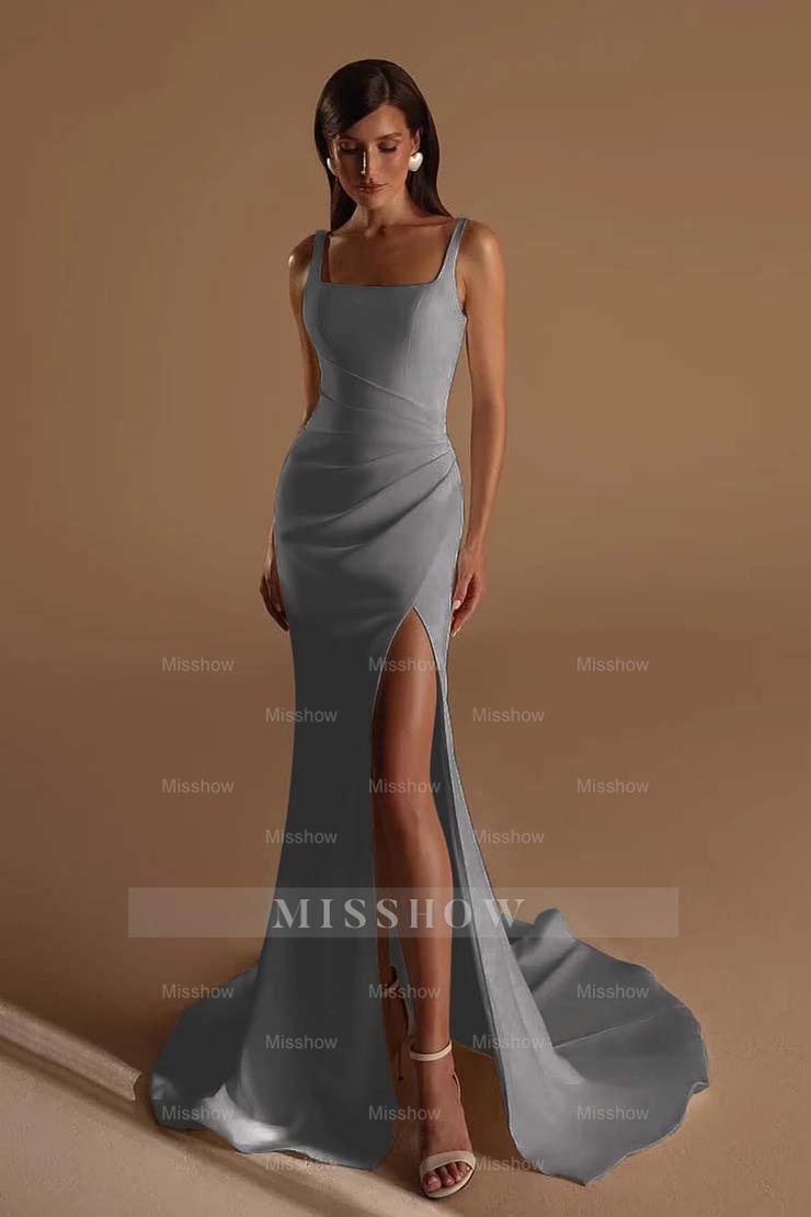 Straps Sleeveless Long Mermaid Formal Dress With Split Pleated