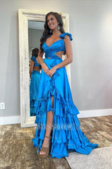 Straps Sleeveless Open Back Long Ruffles Formal Dress With Split