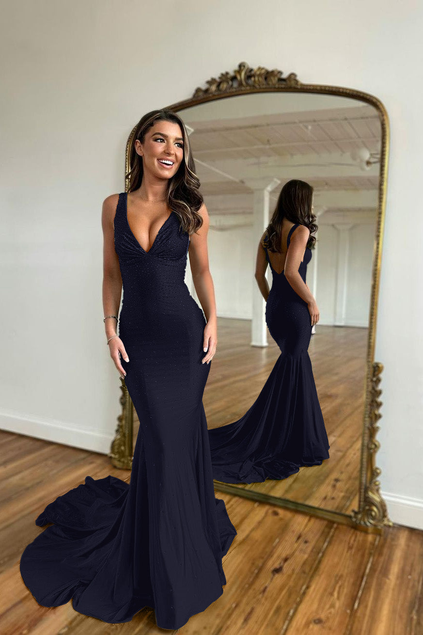 Straps Sleeveless V Neck Mermaid Long Formal Dress With Appliques